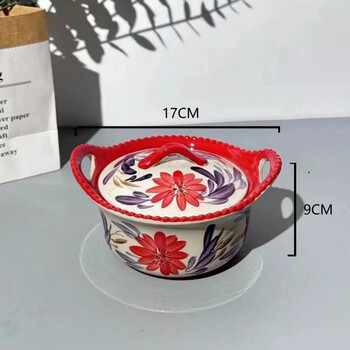 Underglaze color ceramic large ingot bowl soup bowl double ear stew pot microwave oven high temperature resistant 6.5 inch purple ingot bowl with lid