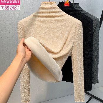 Modal lace plus velvet bottoming shirt for women, 2026 autumn and winter new style fashionable thickened warm half turtleneck top for women, apricot plus velvet, high collar, upgraded style to keep out the cold and warm s, recommended 80-100 pounds
