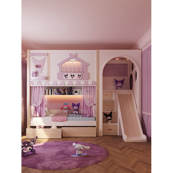 Fat donglai same style cartoon children's bed all solid wood high and low bed bunk bed girl princess upper and lower castle 90% choose to upgrade the mattress 1200mm*1900mm x bunk bed + bookshelf