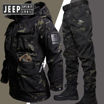Jeep spirit men's autumn and winter velvet windproof hooded mountaineering clothing american retro functional workwear jacket 622 dark night camouflage suit xl 180 (156-170 pounds)