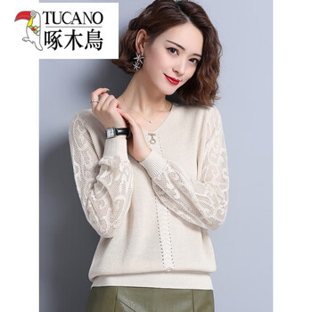 Woodpecker (tucano) v-neck hollow ice silk sweater thin spring and autumn 2025 new women's sweater long-sleeved lace bottoming shirt off-white m recommended 90-catties