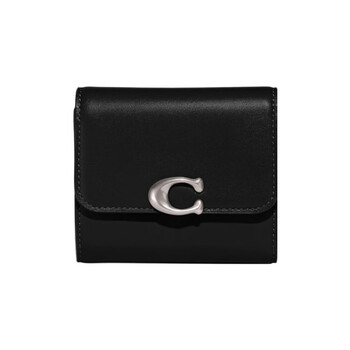 Coach bandit 11 metal c-label snap button opening and folding calfskin card holder wallet women's black basic pack (bag + dust bag)