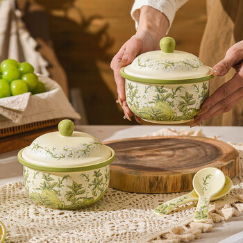 Huadian green lily of the valley stew pot with lid for one person, household ceramic soup, steamed egg custard, microwaveable, high-looking ins green lily of the valley stew pot 450ml 1 piece