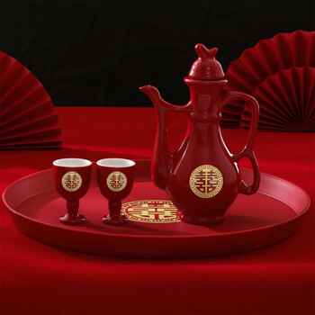 Wedding toast cup, wedding banquet, ceramic wine pot, chinese wedding toasting cup, wine divider, festive set, red wine set, gold bottom wedding 1 pot + 2 cups