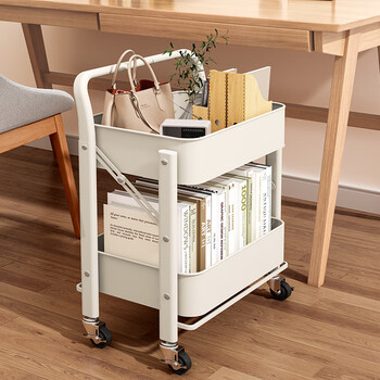 Tang neng youpin removable bookshelf floor-standing school bag storage rack storage rack student bookshelf under the table shelf with wheels, no installation, no armrests, two-story ivory white
