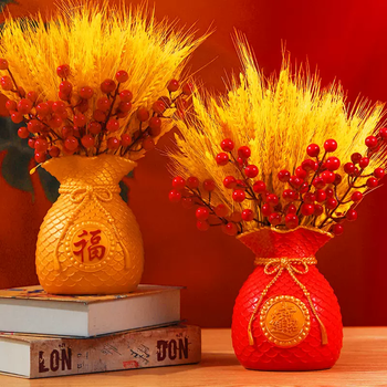 Yusenyi golden barley ear simulation artificial flower living room table dried dry bouquet arranged in vase housewarming opening and engagement red money bag - money bag - 200 barley - 10 red fruits (high quality shows grade) 200 count