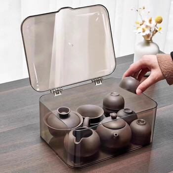 Xincong acrylic tea set storage box with cover dustproof transparent coffee table desktop tea cup storage teapot storage shelf tea gray 1 pack enlarged and thickened