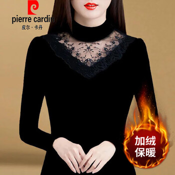 Pierre cardin lace bottoming shirt for women with western style autumn and winter 2025 new warm and velvet thickened long-sleeved half-high collar top 7308 black regular m