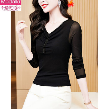 Modal style v-neck black mesh bottoming shirt for women 2026 new spring and autumn wear with slim long-sleeved t-shirt lace top black m 95-110 catties