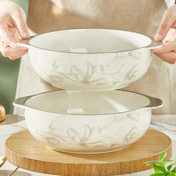 Fucai ceramics 10.5-inch double-ear ceramic large soup bowl household high-temperature resistant double-ear soup basin underglaze color tableware large soup bowl magnolia 10.5-inch double-ear soup bowl 1 pack