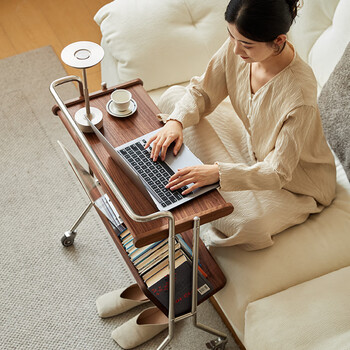 Mushi black walnut storage side table solid wood double-layer trolley bookshelf desk removable trolley coffee table storage rack ready stock black walnut storage trolley 680*320*780mm 1 piece