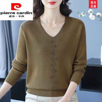 Pierre cardin (pierre cardin) fat mom spring and autumn ice silk sweater women's loose belly covering top fashionable plus fat v-neck t-shirt fashion women's mustard green. 5xl (recommended 180-200 catties)