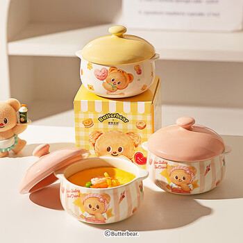 Modern housewife butter bear underglaze colored steamed egg custard special steamed egg bowl with lid crock pot soup cup butter bear steamed egg bowl - pink