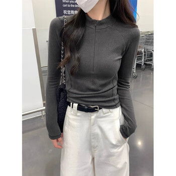 Junyao half turtleneck german velvet slim-fitting bottoming shirt for women in autumn and winter, which can be worn outside, foreign-style tops for small people, high-end new style polo half turtleneck zipper slim fishbone gray top l recommended under 105 pounds
