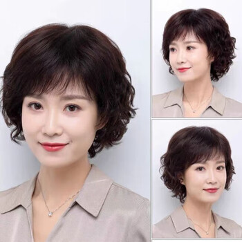 Wig for women with short hair, real hair, simulated human hair, mother's full head cover, middle-aged and elderly short curly hair wig set, natural dark brown, short hair 25cm, hair delivery website