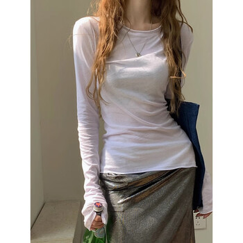 Fu jian korean style lazy casual style curled slim bottoming shirt 2025 new thin temperament inner top top long sleeve white m