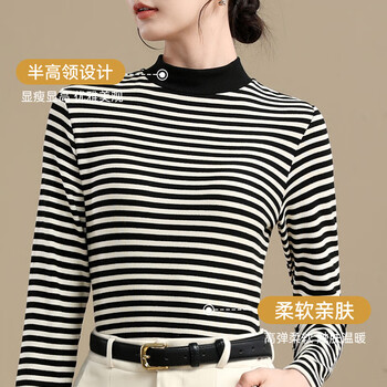 Catman half-turtle collar bottoming shirt for women with black and white stripes, autumn and winter long-sleeved advanced slim-fitting warm top
