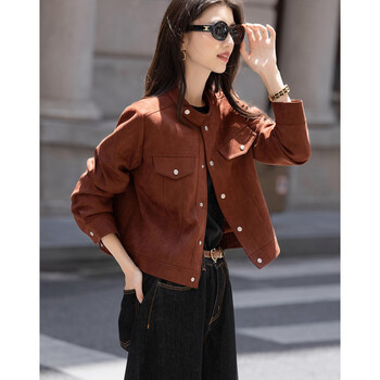 De mana embraces long-termism, autumn minimalist style suede small stand-up collar fake pockets loose temperament women's jacket
