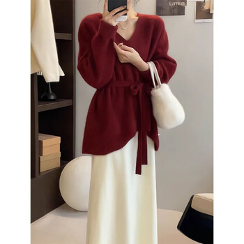 Korean style lazy and irregular lace-up v-neck belt sweater sweater autumn and winter tops slimming wear burgundy xl recommended 120-130 pounds