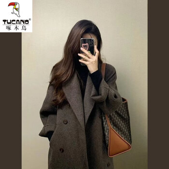 Woodpecker maillard's high-end woolen coat for women in autumn and winter thickened knee-length mid-length korean style woolen coat coffee color s