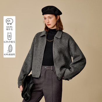 Inman alpaca mulberry silk double-sided woolen jacket 2025 winter women's new short woolen top dark gray s