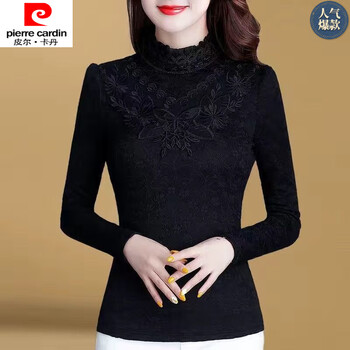 Pierre cardin m-5xl velvet thickened lace bottoming shirt women's long sleeve 2025 autumn and winter new high collar warm top small shirt 8896 black sleeves hollow thin m height 160 80-100 jin