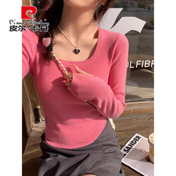 Pierre cardin pink bottoming shirt women's autumn clothing 2025 new square neck knitted inside slim sweater low neck korean style long sleeve top rose red s