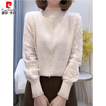 Pierre cardin half turtleneck knitted bottoming shirt for women long-sleeved autumn and winter 2025 new style western style age-reducing t-shirt inner top, apricot 2xl recommended 125-140 pounds