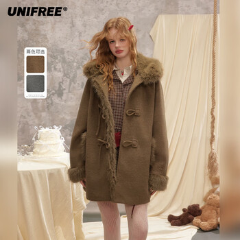 Unifree cocoa brownie hooded wool coat retro british style raw edge patchwork jacket brown l