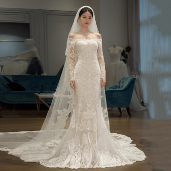 Seasonal one-shoulder fishtail wedding dress french retro lace light bride forest style welcome door veil long-sleeved dress white 2xl