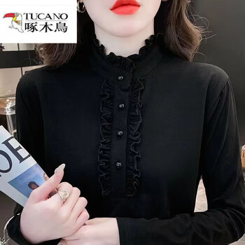 Woodpecker autumn and winter high-end temperament fungus edge bottoming shirt for women slim fit inner wear long-sleeved t-shirt top for women black + velvet german velvet thickened 2xl recommended 120-135 pounds