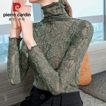 Pierre cardin high-end high-neck lace plus velvet bottoming shirt for women in autumn and winter, with a sense of inner and outer wear, temperament, western style warm top for women, gray green, regular m, recommended 85-100 pounds