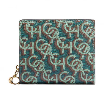 Coach snap wallet 11 classic presbyopic folding coated canvas and leather wallet women's green basic pack (bag + dust bag)