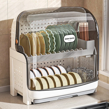 Xingyou kitchen dish rack, bowl and chopsticks storage box, multi-function with lid, household dish and drain rack, plastic cupboard, black and extra large