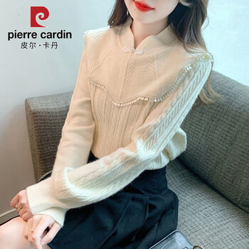 Pierre cardin design ruffled pullover sweater for women spring and autumn knitted bottoming shirt new chinese style national style buckle inner top trendy #2716-apricot 2xl recommended 126-140 pounds