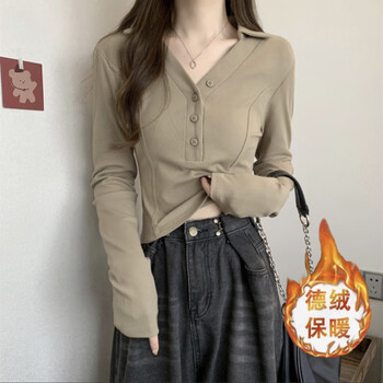 Oemg mars endi women's wear 2024 inner layering shirt top slim slim long-sleeved shirt for women khaki double-sided german velvet s 80-95 catties