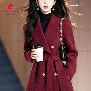 Pierre cardin 2025 winter new fragrance style new year's jersey waist wool wool slimming temperament burgundy suit style thickened jacket burgundy l (recommended 106-125 catties)