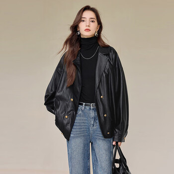 She chi handsome pu leather motorcycle jacket women's 2025 autumn new style suit collar loose slim jacket