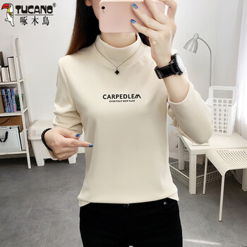Woodpecker (tucano) german velvet warm bottoming shirt for women 2025 autumn and winter new style velvet thickened fashionable inner long-sleeved t-shirt top for women apricot carpedlem black thickened 4xl recommended 155-170 catties