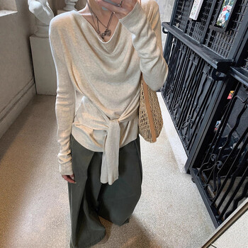 Mu ni's relaxing high-intelligence and cool-feeling swung collar relaxed waistband wool sweater top autumn and winter inner wear new women's wear white gray s (recommended 85-95 pounds)