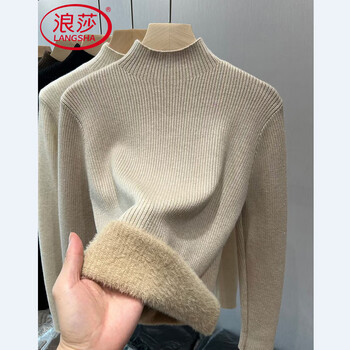 Langsha velvet bottoming shirt for women winter thickened 2025 new half turtleneck pullover warm and cold-proof inner top khaki