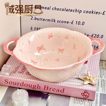 Fancychic girl's heart bow double-eared large soup bowl ceramic household large-capacity instant noodle bowl ins snail noodle bowl high temperature resistant pink bow soup bowl single pack