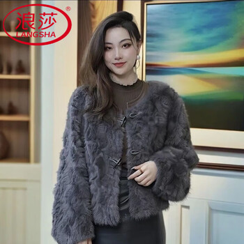 Langsha 2025 new xiaohu fashion fragrance style horseshoe sleeves fur one-piece fur jacket women's versatile temperament short top purple gray m size 80-120 jin