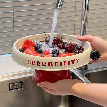 First heard of fruit plate, living room, tea room, fruit plate, bowl, sink, drain basket, snacks, candies, new year's good-looking dry fruit plate, red bottom, tall legs + black ball, drainable fruit plate