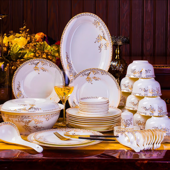 Wanxiang dish set household european simple gold edge 56-piece tableware set ceramic bowl and plate set