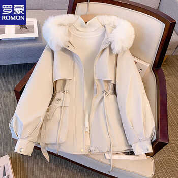 Romon parka women's winter plush cotton jacket 2025 new waist slimming thick cotton jacket jacket beige m