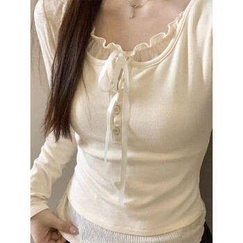 Kaximu bottoming shirt for women, long-sleeved t-shirt for women, 2025 new autumn fake two-piece bottoming shirt for women, which can be worn as an outer top, bottoming shirt, milky white, one size fits all, recommended 80-120 pounds