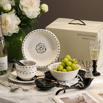 Romance days small fragrant style tableware complete set of home light luxury ceramic bowl set gift box moving to a new home wedding gift exquisite gift box french small fragrant style tableware for 2 people 12-piece set