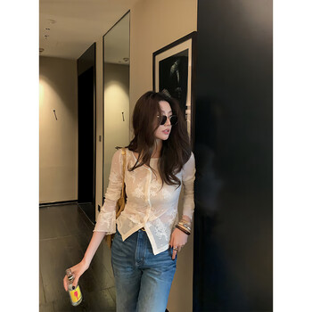 Fu jian french airy thin style unique and beautiful high elastic knitted cardigan 2025 new lace knitted sweater simple top off-white m