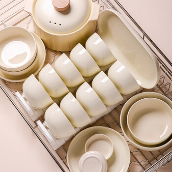 Lowe bowl household 2025 new high-looking underglaze color tableware set housewarming bowl set ceramic bowl plate set milky white dream 4-person food 20-piece set (large soup bowl configuration) no specifications